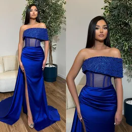 Royal Blue Prom Dress Mermaid Pearls Off Shoulder Evening Elegant Illusion Bodice Formal Dresses for Special Ocns Split Sweep Train Party Dress