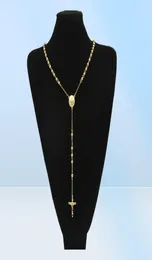 Gold Stainless Steel Bead Chain Jesus Christ Pendant Rosary Long Necklace Mens Womens Hip hop Jewelry8368914