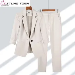 Summer Thin Jacket Blazer Casual Wide Leg Pants Two Piece Elegant Women's Pants Set Office Outfits Business Clothing 240106