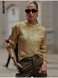Elegant O-Neck Gold Bright Silk Women's Sweaters Autumn Winter Causal Long Sleeve Knitted Pullover Party Slim Wild knitwear 240106