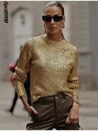 أنيقة O-neck Gold Bright Silk Women’s Subtins Attress Winter Spint Long Sleeve Bullover Party Slim Wild-Wild Wild 240106