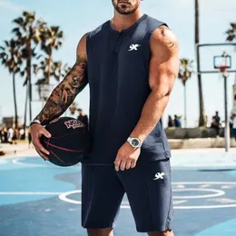 Men's Tracksuits Selling Summer Casual Simple Daily Sports Printed Round Neck Button Sleeveless T-shirt Set Solid Color Shorts