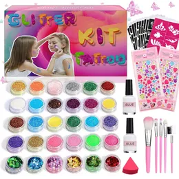 Glitter Tattoo Templates Flash Temporary Tattoo Kits With Makeup Brushes Kids Adult Face Body Painting Tool Set Christmas Gifts 240108