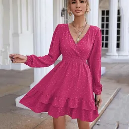 Sweatshirts Women's Spring and Autumn Pink A Line Chiffon Fashion Dresses V Neck Midje Ruffle Woman Edging Lantern Long Sleeve Dresses 2022