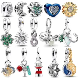 Original 925 Sterling Silver Four-Leaf Clover Sun and Moon Set Charm Fit Pan Armband Diy Women Necklace Fine Jewelry Gift