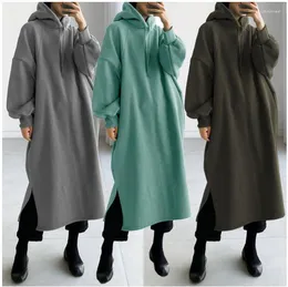 Vestidos casuais oversized hoodie para mulheres irregular hem poliéster feminino cordão com capuz moletom maxi sólido vestido longo