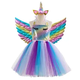 Abito da ballo per ragazze con paillettes colorate, gonna da principessa in rete arcobaleno con ali e fascia per capelli, festa per bambina, vestito estivo in tulle ZZ