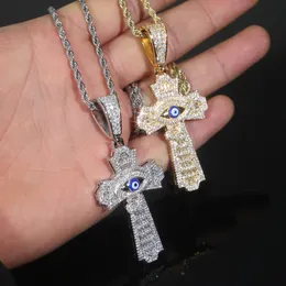 Luxury Designer Blue Evil Eye Ankh Cross Charm Pendant Necklace with Rope Chain Hip Hop Women Men Full Paved 5A Cubic Zirconia Boss Men Gift Jewelry