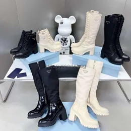 2024ss novo outono e inverno marca superior designer feminino couro brilhante e náilon rendas até salto alto botas de comprimento médio botas de tornozelo botas martin botas de couro