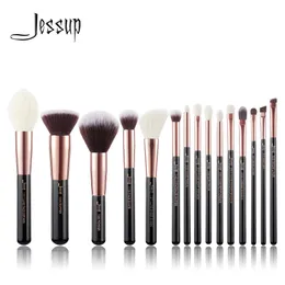 Pennelli Jessup Pennelli per trucco professionale 15 pezzi Set di pennelli per trucco Cosmetici Fondotinta in polvere Definitore Shader Liner Oro rosa / Nero