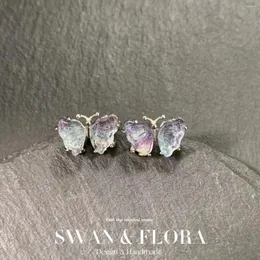 Stud Earrings Butterfly Natural Fluorite 925 Sterling Silver For Women Jewelry Gift Prevent Allergy Gem Genuine Stone