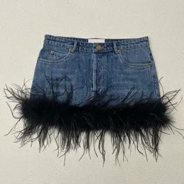 Mm saia jeans feminina designer de penas pele retalhos saia jeans mulheres mini saias vestido sexy saias de luxo