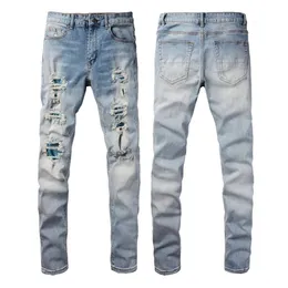 Pantalons de créateurs pour hommes Jeans violets Amris Jeans 6566 Blue Diamond Jeans diamant laminés à chaud avec patchs High Street et coupe slim élastique