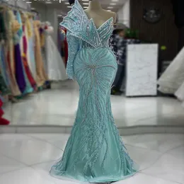 2024 Aso ebi Sky Blue Mermaid Prom Dress Beaded Crystals One Shoulder Evening Formal Party Second Reception Exection Gowns 드레스 Robe de Soiree ZJ416