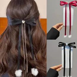 Fiocchi Fermagli per capelli Nastro Fiocco lungo Clip laterali per donne Ragazze Bambini Accessori per capelli a forcina Copricapo con palla di peluche