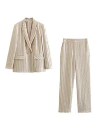 Kumsvag Women Summer Pant Suits 2 Pieces Set casual randiga blazersrockar och byxor Kvinnliga eleganta OL kostymkläder 240106