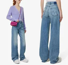 Calças de brim femininas marca m 2024 solto retro denim calças de cintura alta ligeiramente queimado vintage 90s roupas coreanas
