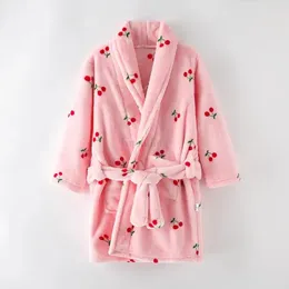 100-175CM Children's Bathrobe Flannel Soft Warm Pajamas Adult Teenager Sleepwear Bath Towels for Kids Winter Cherry Girls Robes 240108