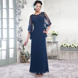 Azul marinho mãe da noiva vestidos chiffon uma linha até o chão longo vestido de noite vestidos de baile com apliques capa yd