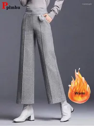 Calças femininas elegante mistura de lã perna larga senhora do escritório cintura alta reta pantalones outono inverno tornozelo comprimento tamanho grande 4xl