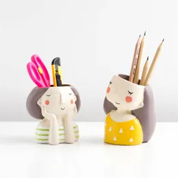 Brushes 1PC Cute Girl Boy Resin Pen Holder Makeup Brush Stand Desktop Storage Box Succulent Planter Garden Mini Bonsai Cactus Flower Pot