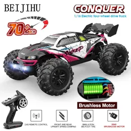 1 16 70kmh Brushless RC Car With LED Light 4WD Remote Control High Speed Drift Monster Off Road Truck VS Wltoys 144001 Toy 240106