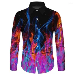 Camisas de vestido masculinas moda tops camisa chama faísca hd padrão impressão lapela rua ao ar livre manga longa botão roupas