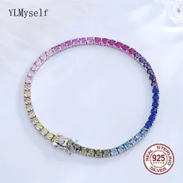Solid Real 925 Silver 3 mm Rainbow Zircon Tennis Bracelet 15161718192021 cm Pretty Colorful Fine Jewelry Chain For Women 240106