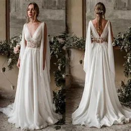 Dresses Sexy Deep V neck See Through Waist Wedding Dress Applique Beaded Flowing Shawl Chiffon Ruched Wedding Dresses Bridal Gowns275V