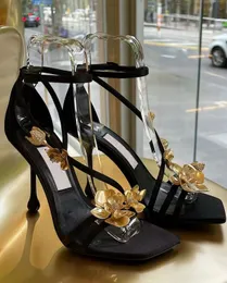 Verão de luxo feminino zea sandálias sapatos preto cetim couro metal flores salto alto conforto calçados senhora gladiador sandalias EU35-41