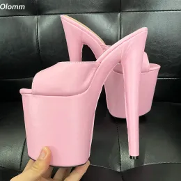 Olomm Handmade Women Platform Mules Sandals Sexy Stiletto Heels Round Toe Beautiful Pink Party Shoes Ladies US Plus Size 6-12