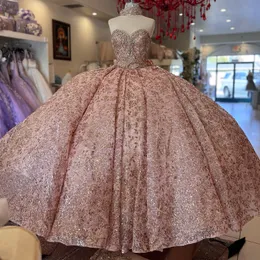 Pink Sexy Off Axel Glittered QuinCeanera Dress paljetter Vestidos Prom Vestidos 15 de Baile Applique spetspärlor Tulle klänning