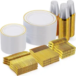 600 Pieces Gold Disposable Plates for 100 Guests, Plastic Plates for Party, Wedding, Dinnerware Set of 100 Dinner Plates, 100 Salad Plates