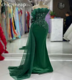 2024 Aso Ebi Vestido de fiesta de sirena verde oscuro Perlas de encaje Cristales Fiesta formal de noche Segunda recepción Vestidos de compromiso de cumpleaños Vestidos Robe De Soiree ZJ418