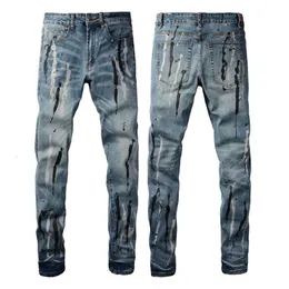 Pantalones de diseñador para hombre Jeans morados Amris Jeans de moda Graffiti Flow Moteado Inktok Jeans perforados Jeans elásticos ajustados # 6907