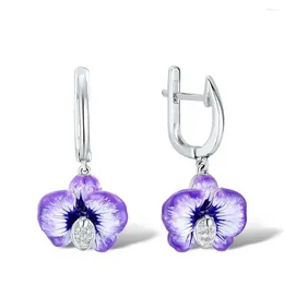 Boucles d'oreilles pendantes Style bohémien, clous d'oreilles en cristal en forme de fleur violette en émail, bijoux élégants, cadeau de mariage