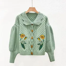 Damen Strickmode Vintage Sonnenblume bestickt grün gestrickte Tops Frauen Herbst/Winter dicker Pullover Revers Strickjacken Kleidung