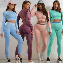 Cykeltröja set Set Women's Energy Seam Fitn Set Bubble Hip Sports Pants+Long Sleeve Shirt Push Up Running Set Sportwear Tights Setl240109