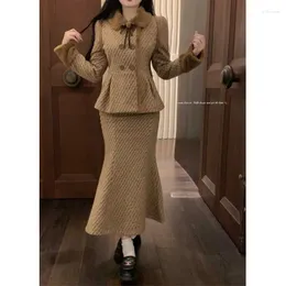 Work Dresses Maillard Style Girl Suit For Women's Autumn Retro Brown Slim Short Coat Mermaid Long Skirt Two-piece Set Female Clothes