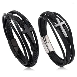 Bedelarmbanden Klassiek ontwerp Kruis Heren Echt leer Roestvrij staal Magneetsluiting Bedels Handarmband Homme Kerstcadeaus voor heren