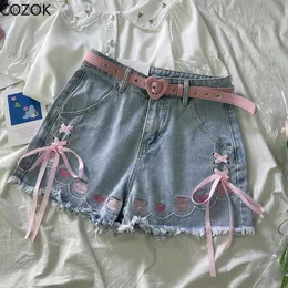 Damesshorts Japanse Chic Bandage Lolita Denim Shorts Dames Zoet Schattig Cartoon Piggy Borduren Strik Jeans Meisje Kawaii Y2k Korte broek Zomer YQ240108