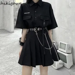 티셔츠 하루 쿠 여자 스커트 펑크 스타일 슬림 한 검은 일본식 목이 스트리트 스트리트웨어 Y2K Aline Pleated 미니 스커트 2023 Faldas Mujer de Moda
