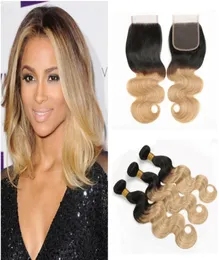 Colored Raw Indian Hair 3 Bundles with Lace Closure Middle Part Body Wave T1B 27 Honey Blonde Ombre Human Hair Weaves1576831