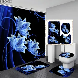 Blue Flower Shower Curtain Set Toalett Seat Cover Badrum Tillbehör Nonslip Mattan Badmatta Mattor Vattentäta badkar Gardiner 240108