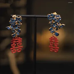 Orecchini a clip in stile vintage con giada congelata e carattere cinese "Xi" verde orecchino a goccia per accessori da sposa