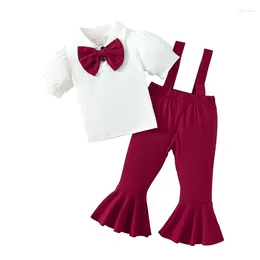 Kleidungssets Kleinkind Baby Girl Anzug Dress Kleidung Bowtie Kurzarm Shirts Hosentender Flare Hosen insgesamt PO Hochzeit Outfits