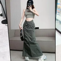 Skirts High Quality Cross Belt Cargo Skirt Woman 2024 Fashion Split Long Y2k Streetwear Solid Color Goth Women Clothing