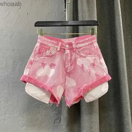 Kadın Şortları HDSPQ Y2K Pembe Denim Şort Kadınlar 2023 Yaz Yırtık Delik Yüksek Bel Kotu Şort Kadın Gevşek Bir Çizgi Geniş Lge Sıcak Pantolon Büyük Boy YQ240108