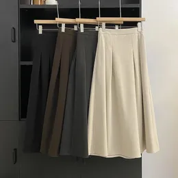 Юбки-юбки-миди, женские минималистичные однотонные осенние юбки с высокой талией трапециевидной формы Faldas Largas, корейский стиль, со складками, уличная одежда, застежка-молния сбоку