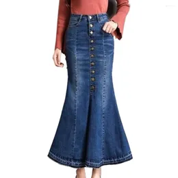 스커트 장 데님 스커트 하이 허리 스트레치 여성을위한 긴 스트레치 2024 청바지 여자 falda larga mujer jupe longue